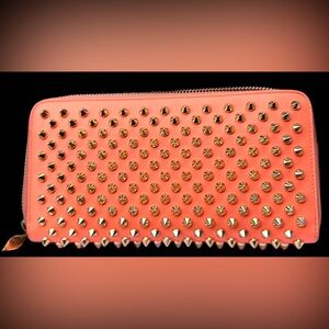 Christian Louboutin Panettone Wallet Calf P/Spikes Flamingo/Gold Wallet.w/Tags.